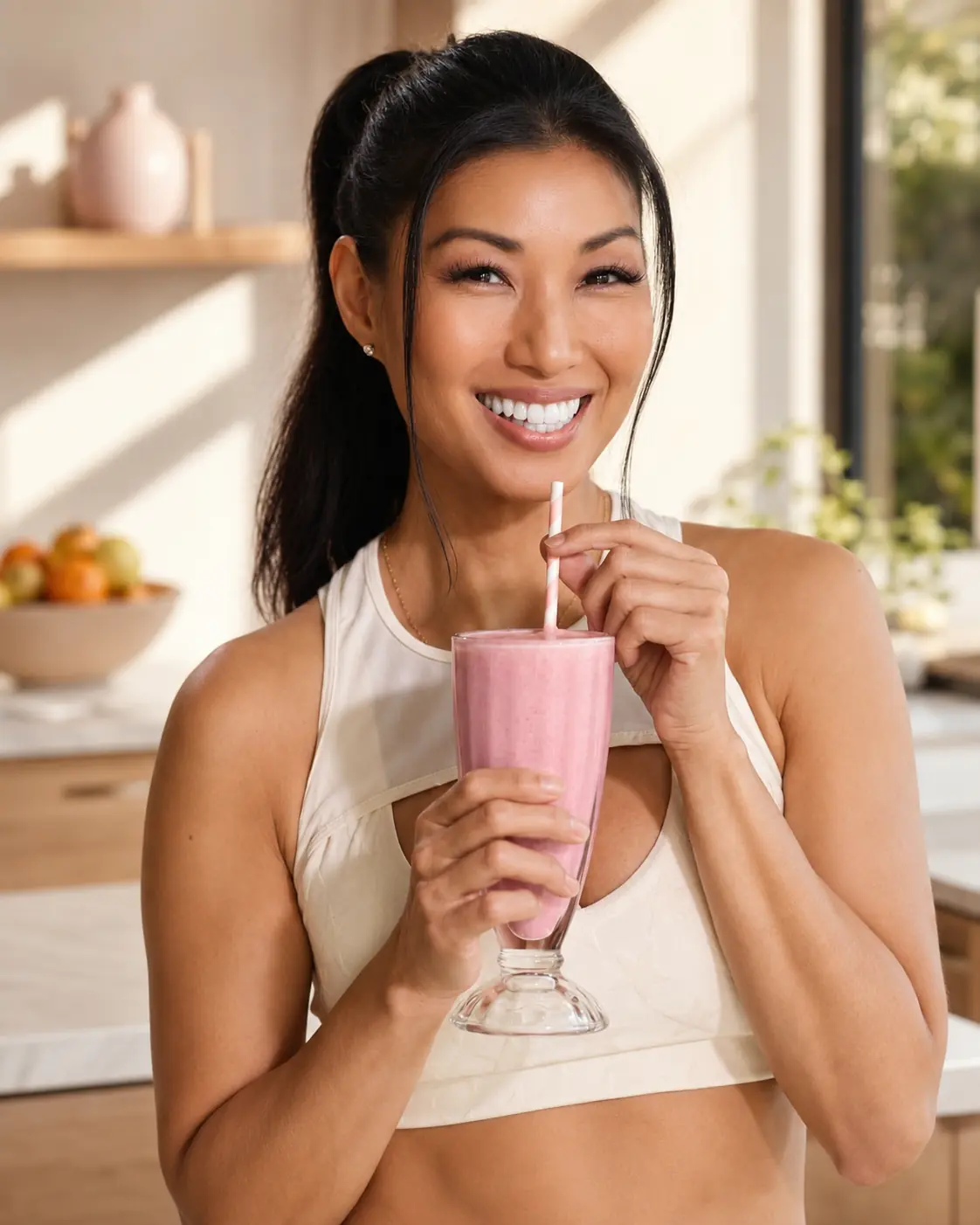Woman enjoying a strawberry smoothie in a sunlit kitchen