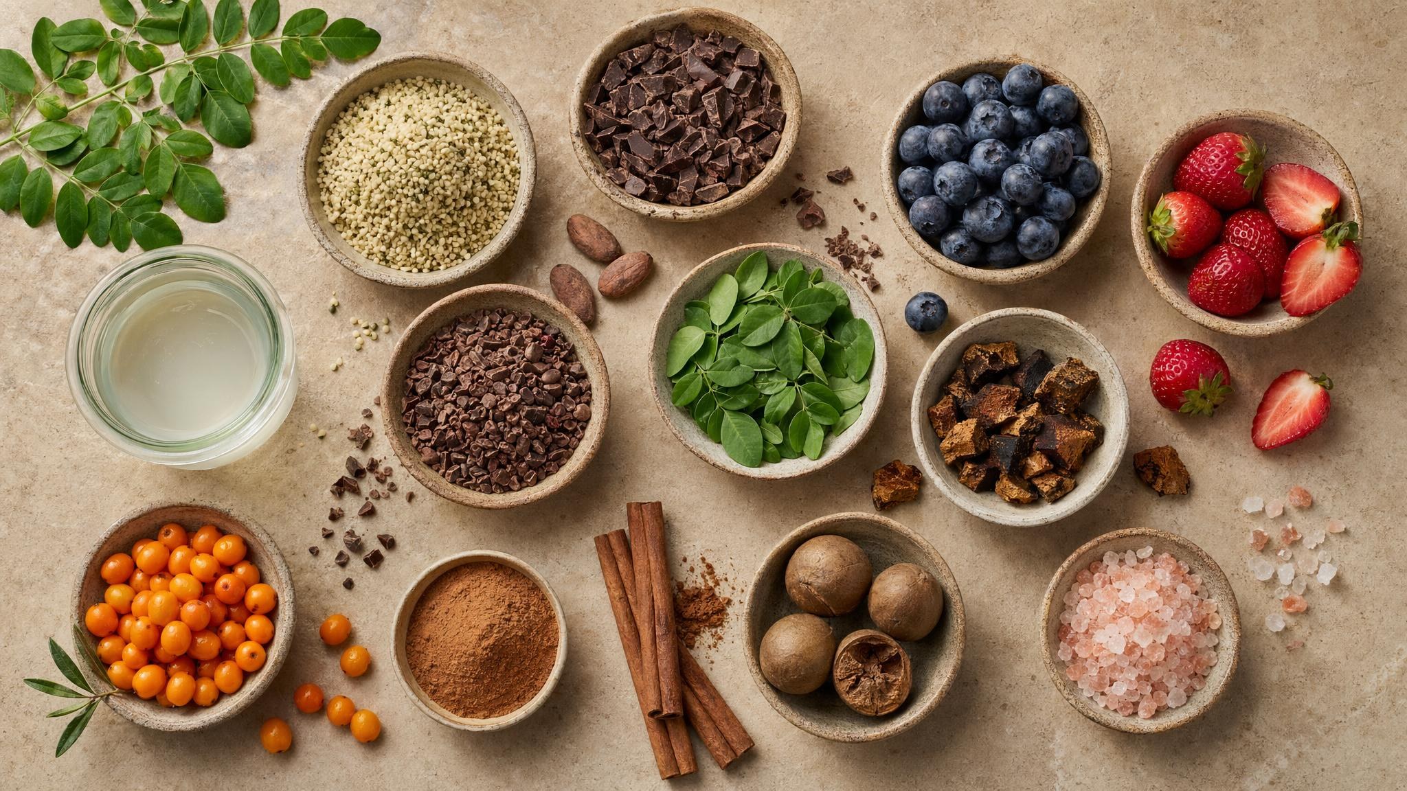Hemp hearts, berries, cacao and other Nutrigazm ingredients arranged in bowls